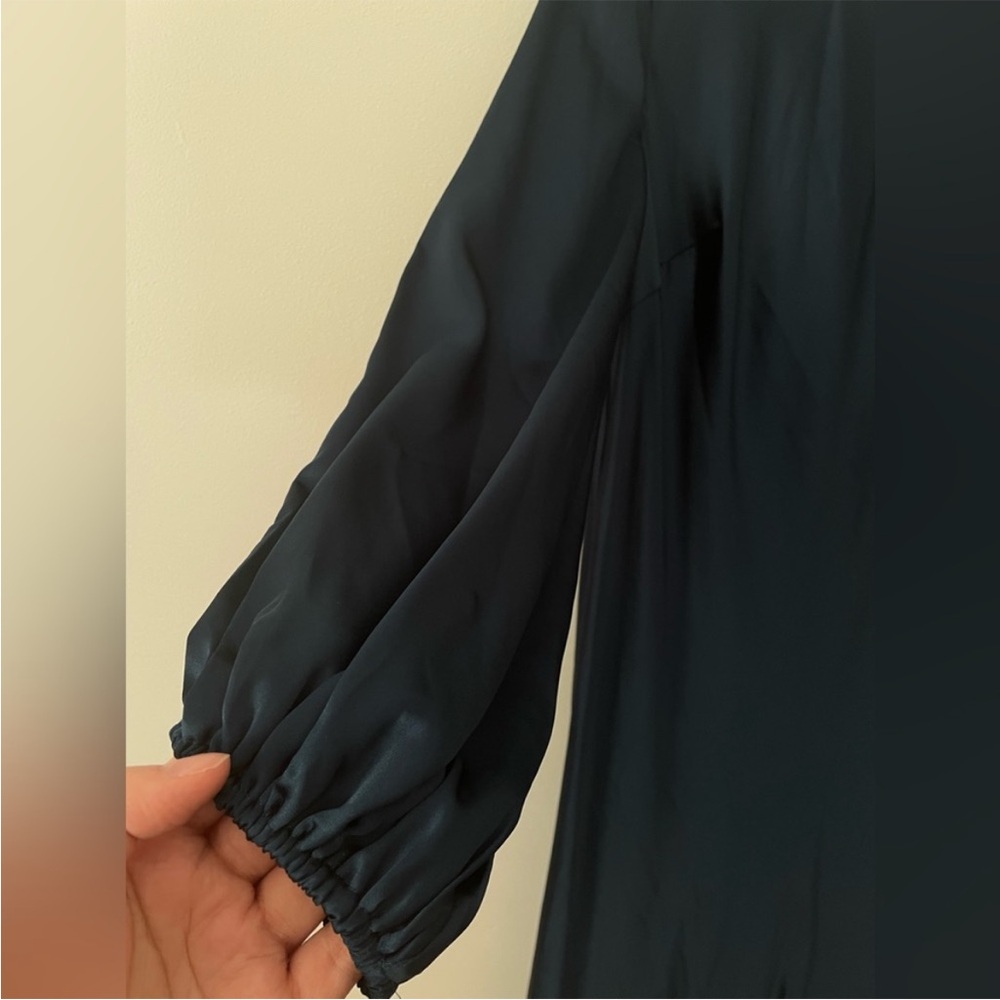 Mac Duggal Blue Beaded High Neck Bishop Sleeve Satin Gown - Picture 9 of 13